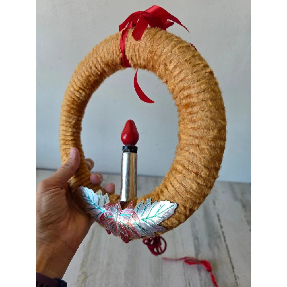 Vintage chenille orange candle wreath hanging Xmas decor working light decor is
